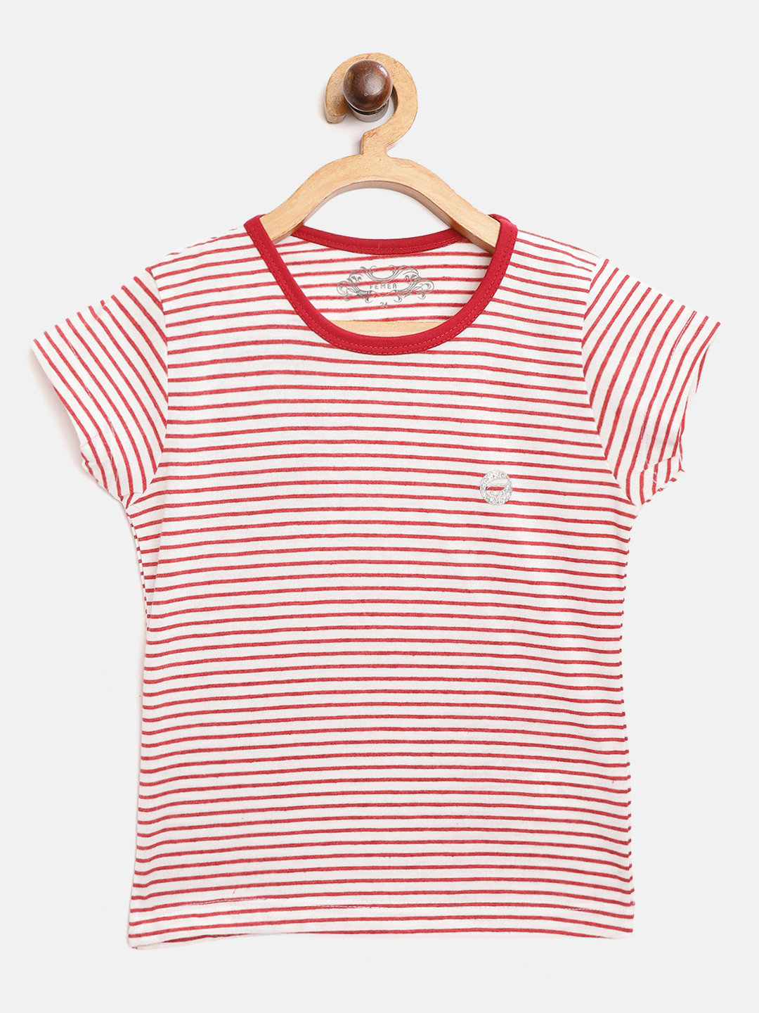 FEMEA Girls Maroon & White Striped Cotton Round Neck T-shirt