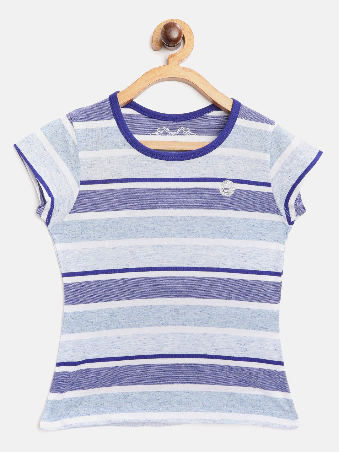 FEMEA Girls Blue & White Striped Striped Cotton Round Neck Pure Cotton T-shirt