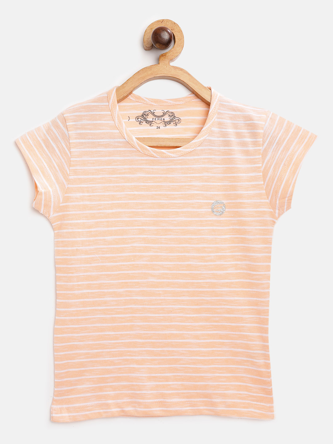 FEMEA Girls Peach-Coloured & White Striped  Round Neck Pure Cotton T-shirt