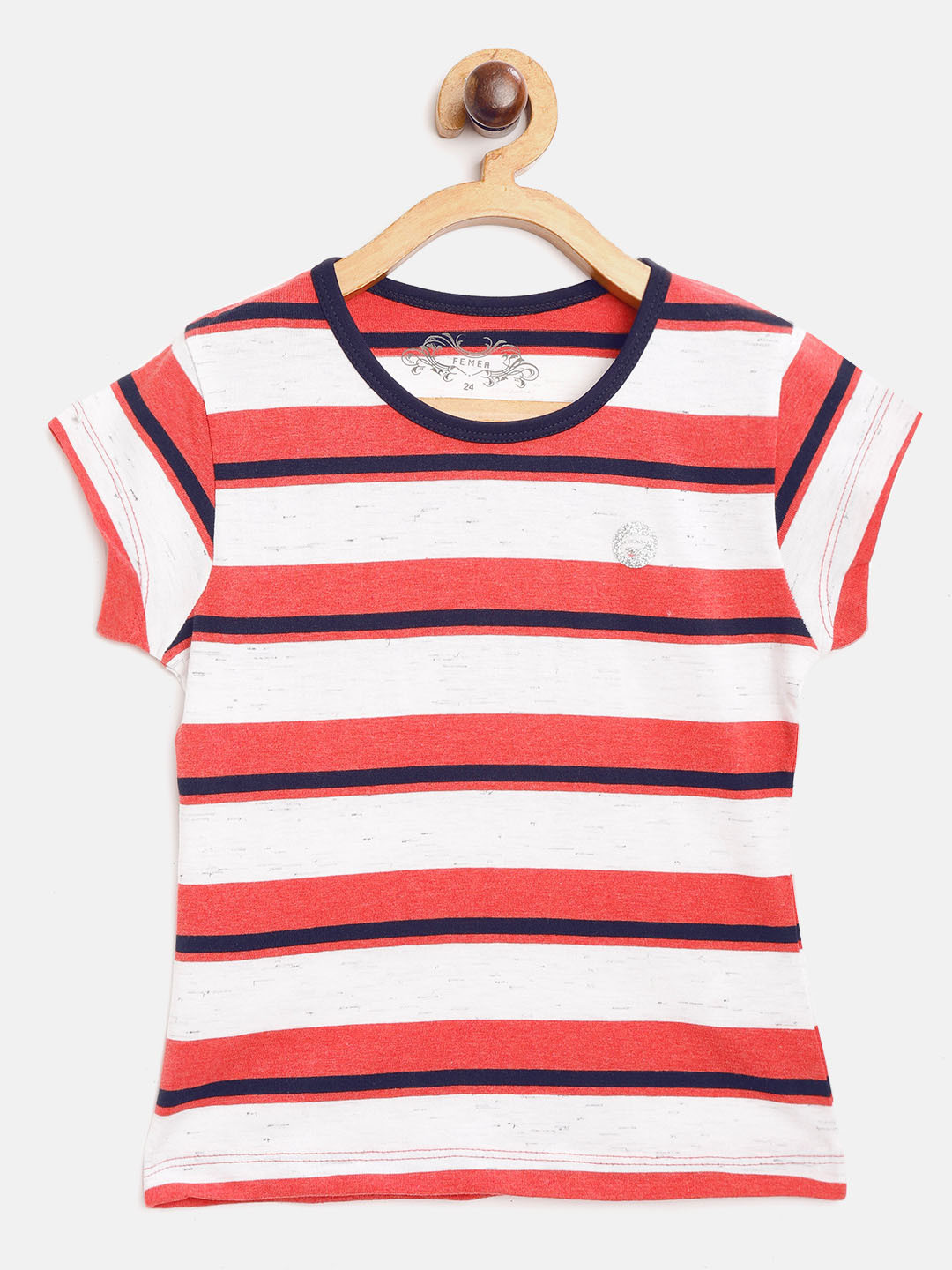 FEMEA Girls White & Red Striped Round Neck Cotton T-shirt