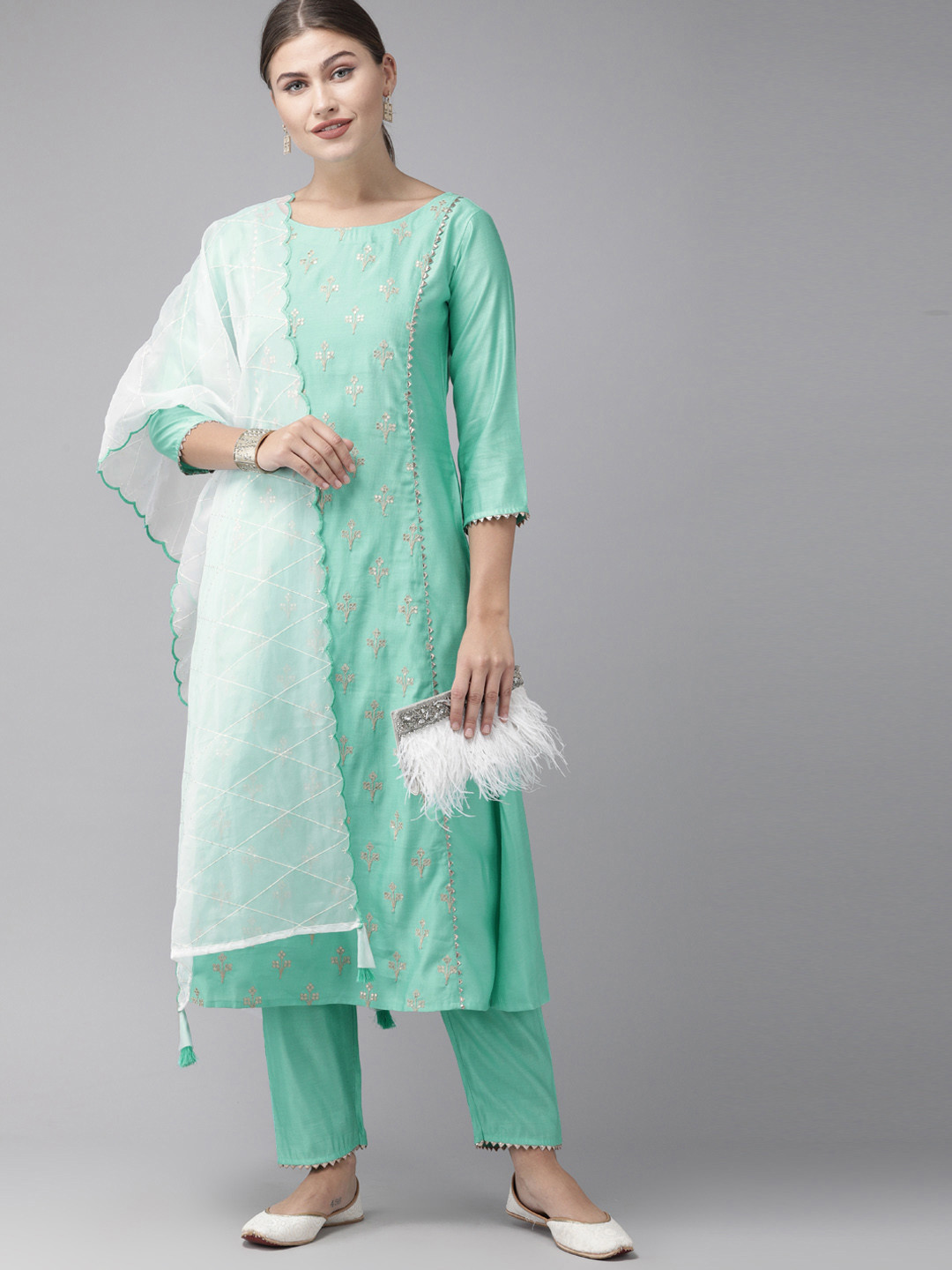 Indo Era Women Sea Green & Beige Embroidered Kurta with Trousers & Dupatta