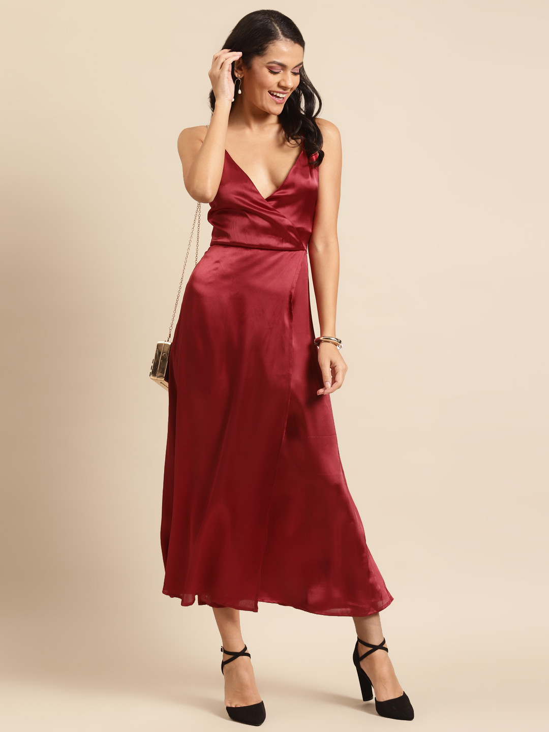 DODO & MOA Women Maroon Solid Satin Sheen Wrap Slip Dress