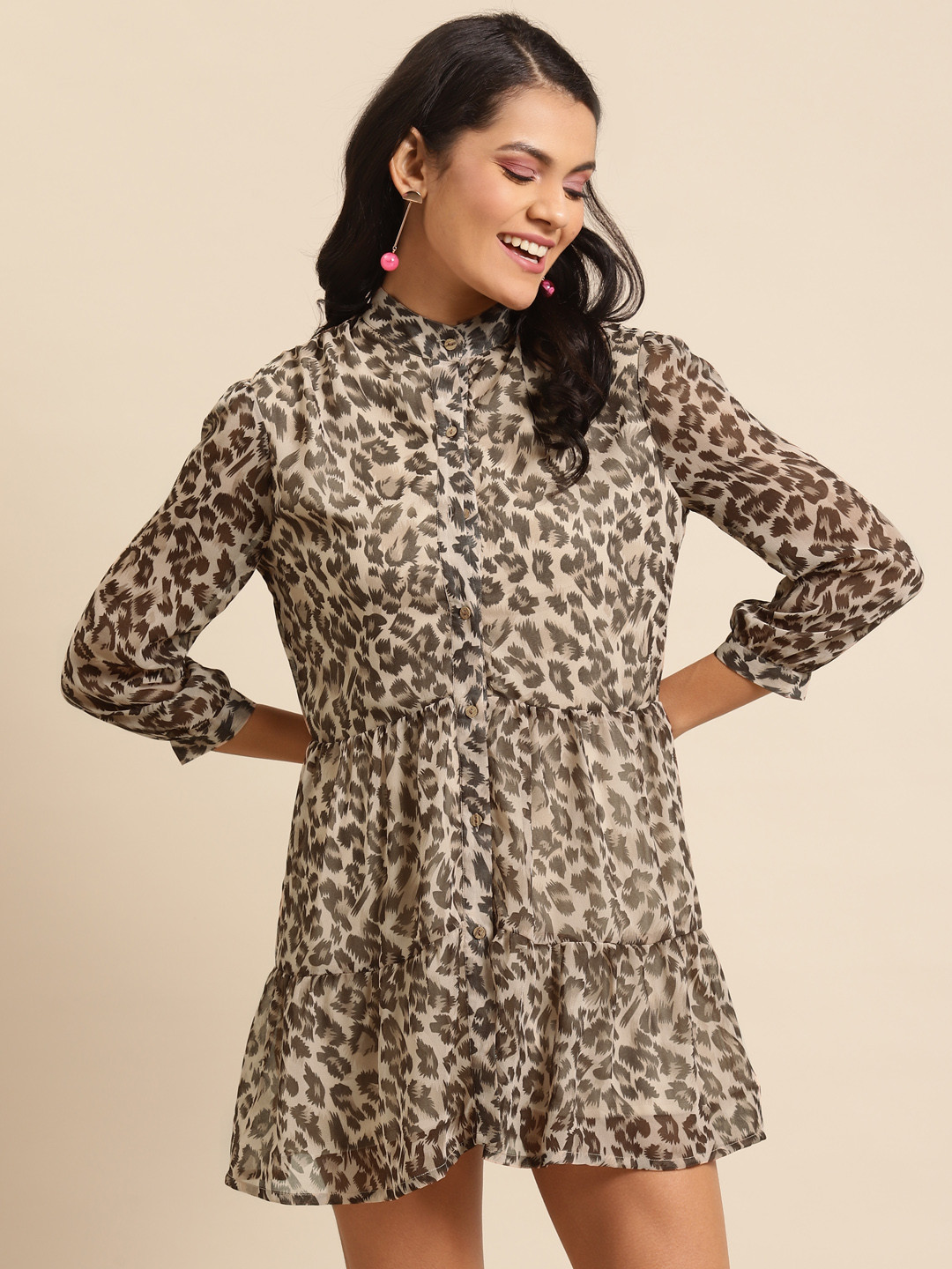DODO & MOA Women Beige & Black Animal Printed A-Line Tiered Dress