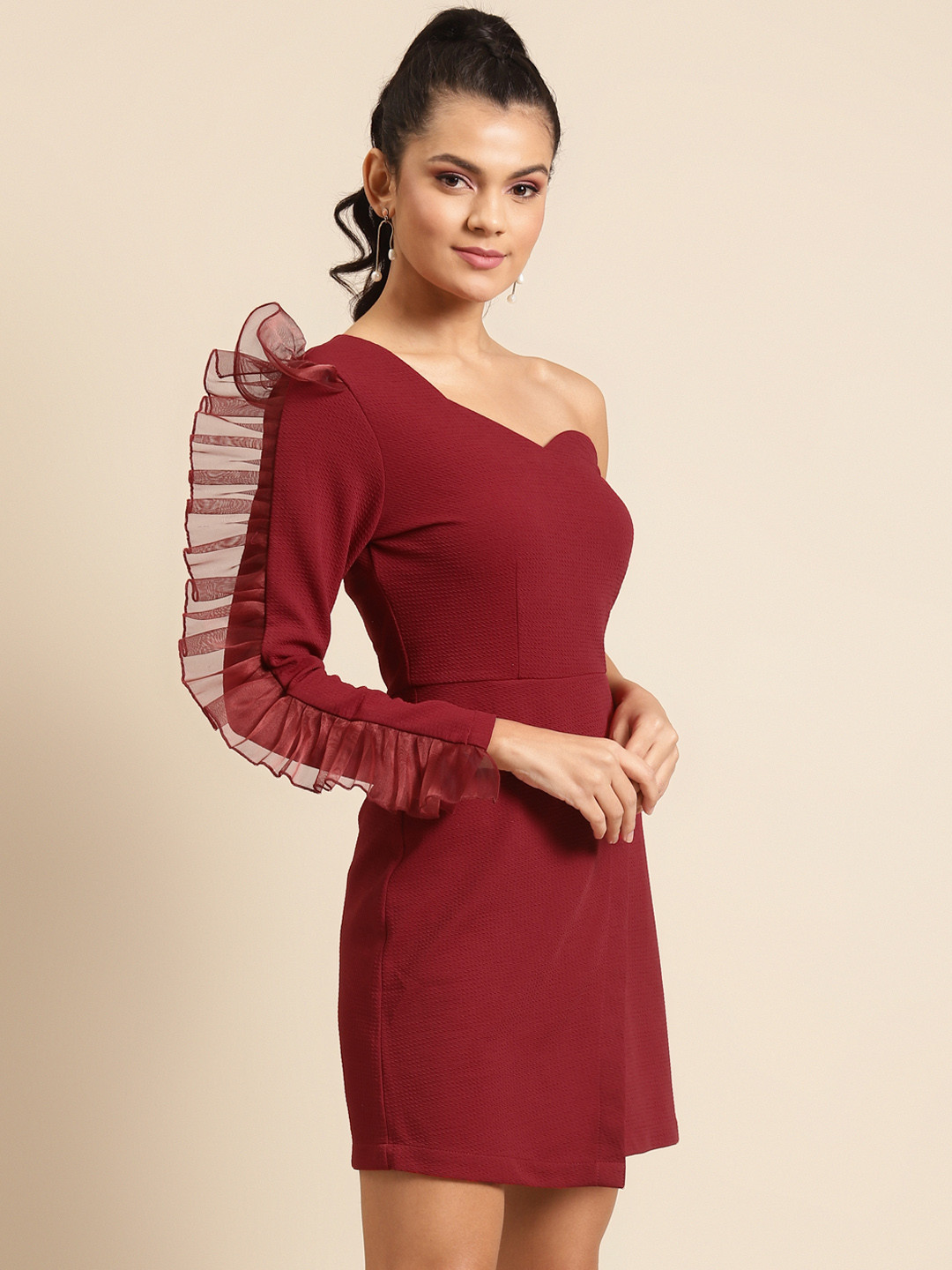 DODO & MOA Women Maroon One-Shoulder Solid Wrap Dress