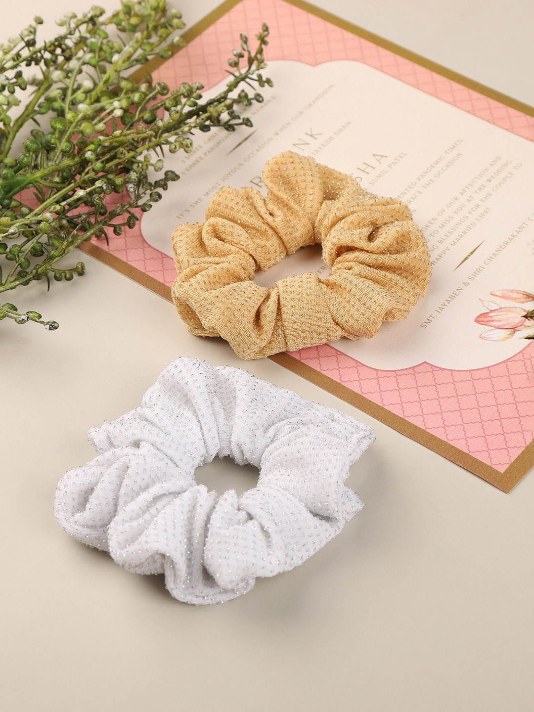 AccessHer Set Of 2 Gold-Coloured And White Handcrafted Scrunchies