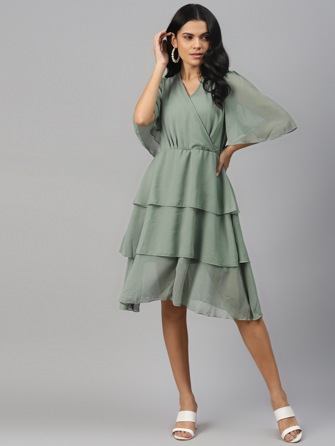 plusS Sea Green Solid Layered Wrap Dress