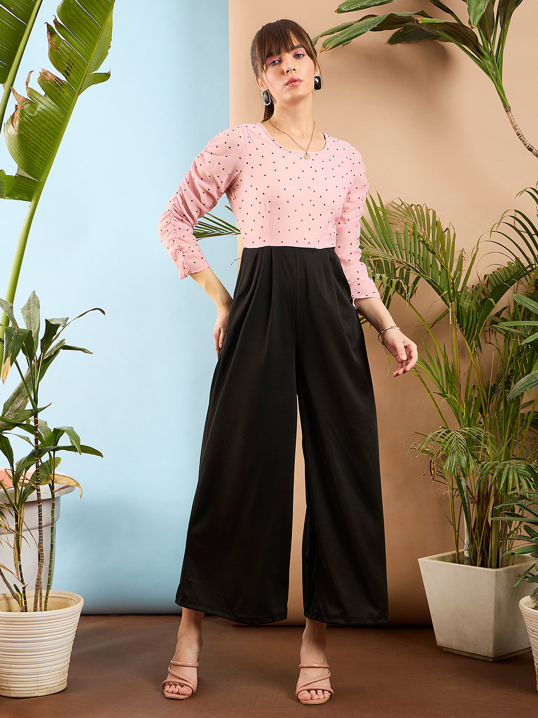 SASSAFRAS Peach-Coloured and Black Colourblocked Smocked Jumpsuit