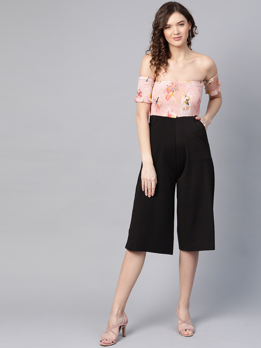 SASSAFRAS Pink and Black Colourblocked Smocked Jumpsuit