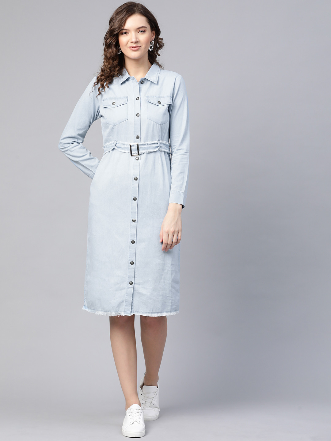 SASSAFRAS Serene Blue Solid Frayed Denim Dress