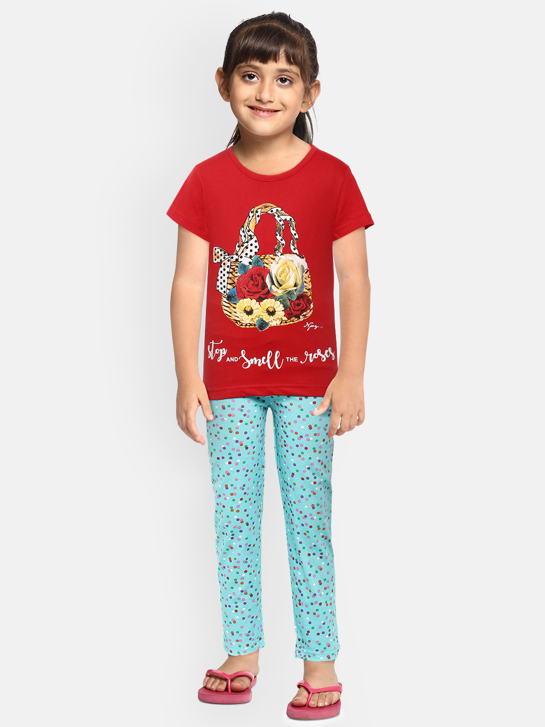 Eimoie Girls Red & Blue Printed Pure Cotton Night Suit
