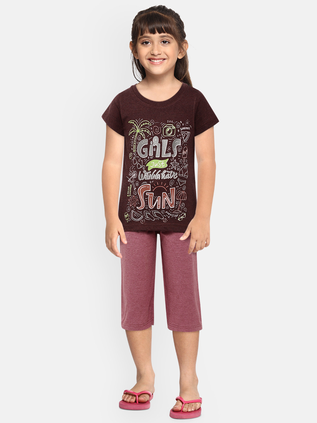 Eimoie Girls Burgundy & Mauve Printed Pure Cotton Night Suit