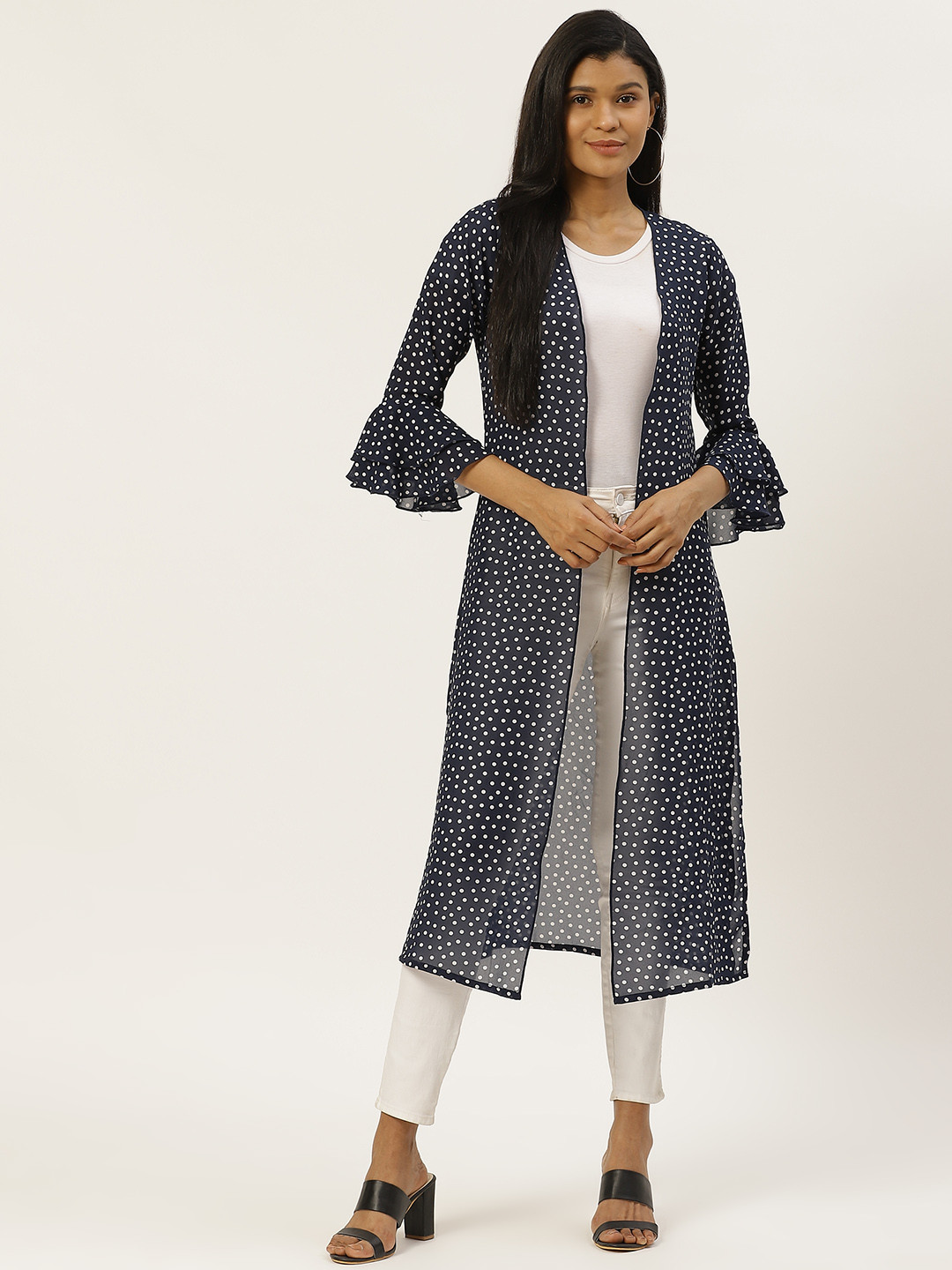 WISSTLER Women Navy Blue & White Polka Dots Printed Open Front Shrug