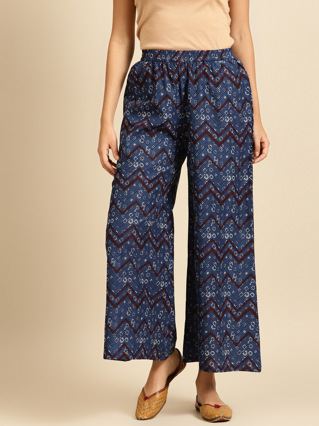 anayna Women Navy Blue & Maroon Printed Wide Leg Palazzos