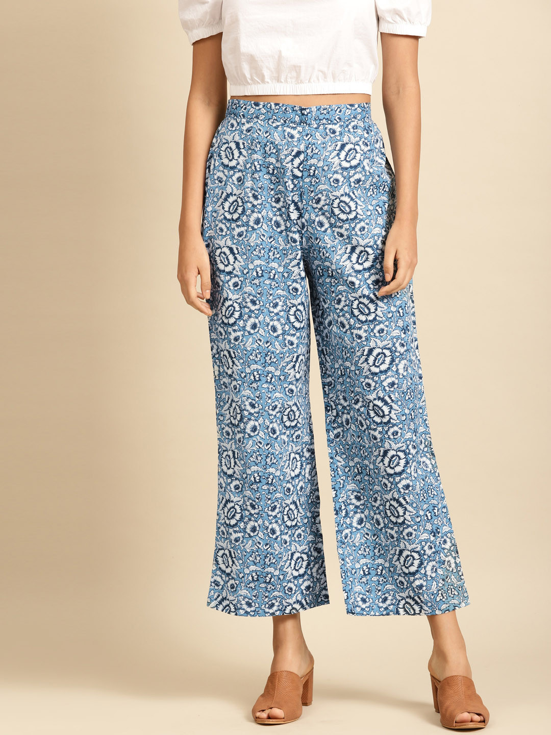 anayna Women Blue & White Printed Straight Palazzos