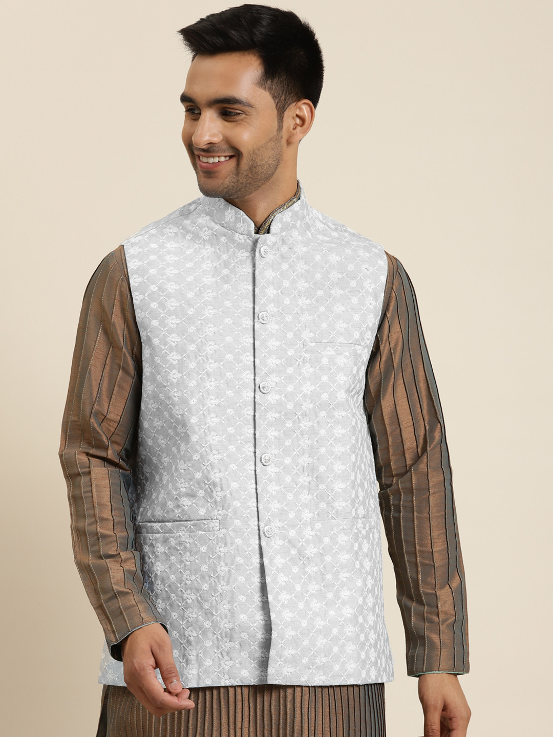 Sojanya Men Grey & White Embroidered Nehru Jacket