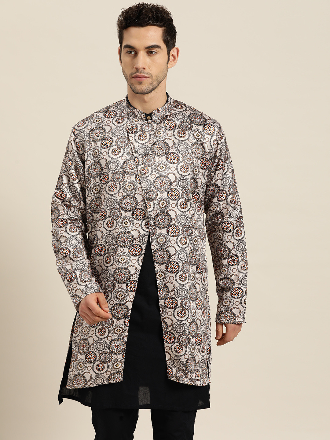 SOJANYA Men Off-White & Black Ethnic Print Longline Tailored Jacket