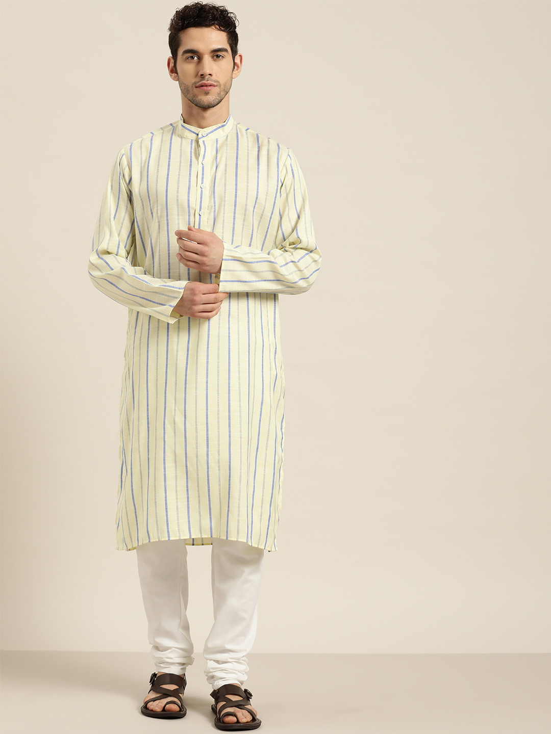 SOJANYA Men Yellow & White Striped Pure Cotton Kurta with Churidar