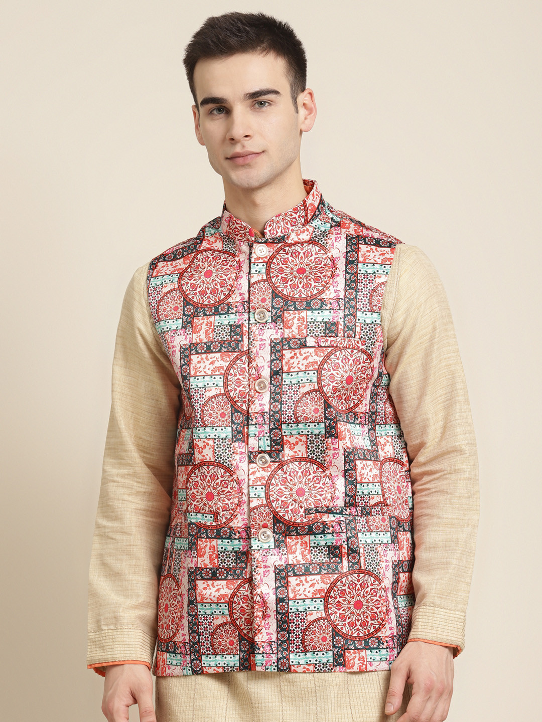 Sojanya Men Off-White and Coral Red Ethnic Motifs Printed Nehru Jacket