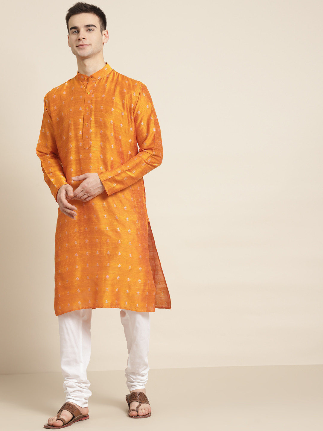 SOJANYA Men Orange & White Self Design Kurta with Churidar