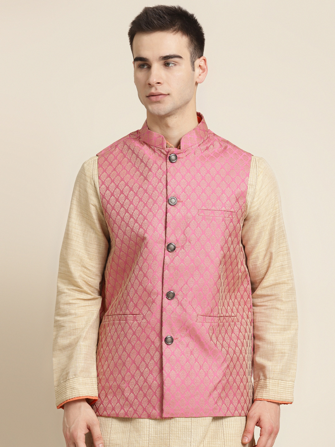 Sojanya Men Pink and Beige Woven Design Jacquard Silk Nehru Jacket