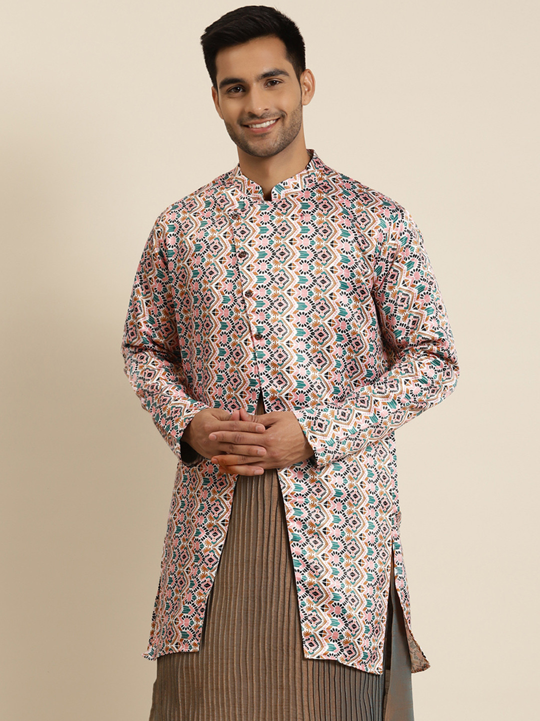 SOJANYA Men White & Pink Printed Printed Tailored Jacket