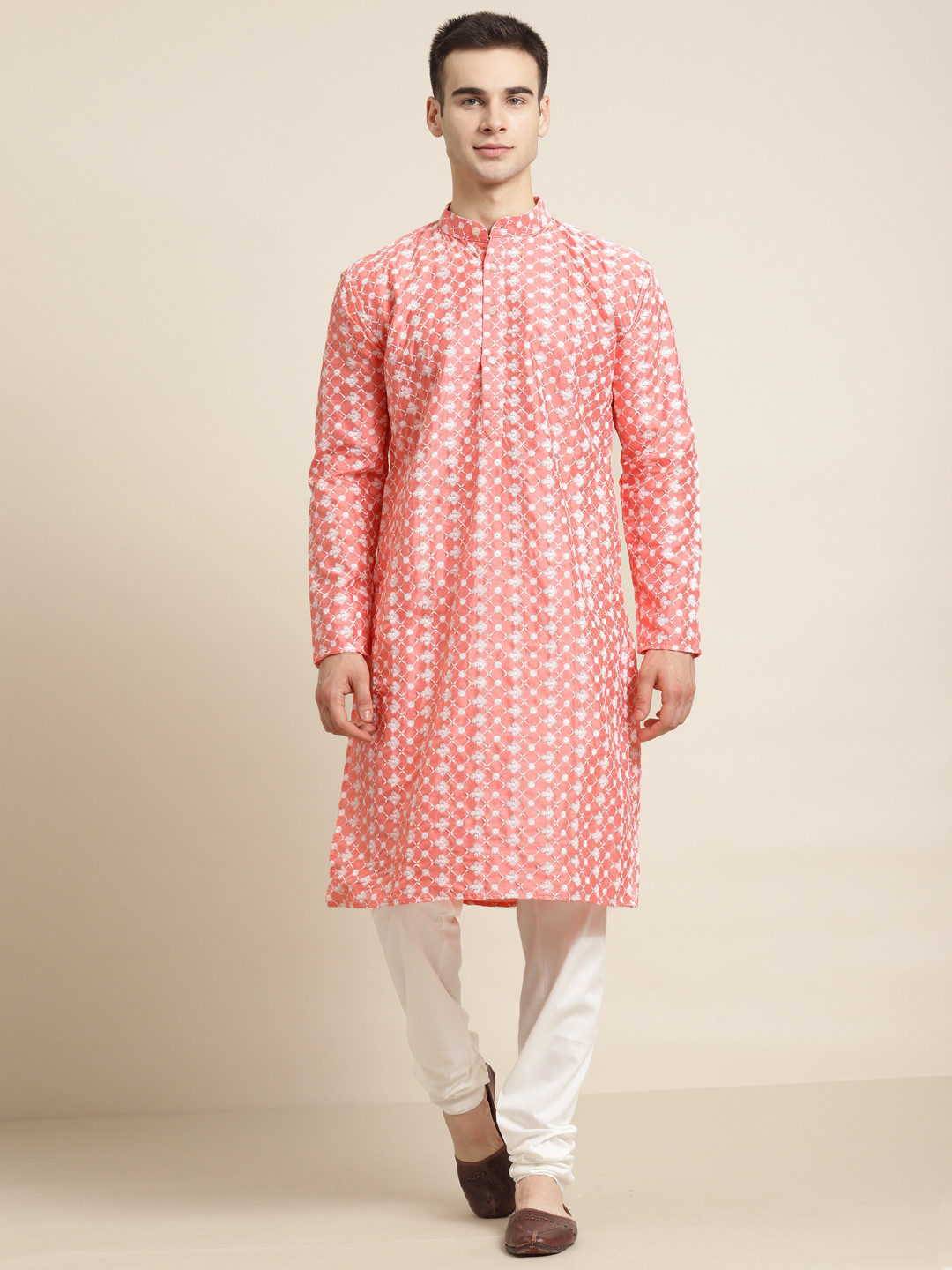 SOJANYA Men Coral Pink & White Embroidered Kurta with Churidar
