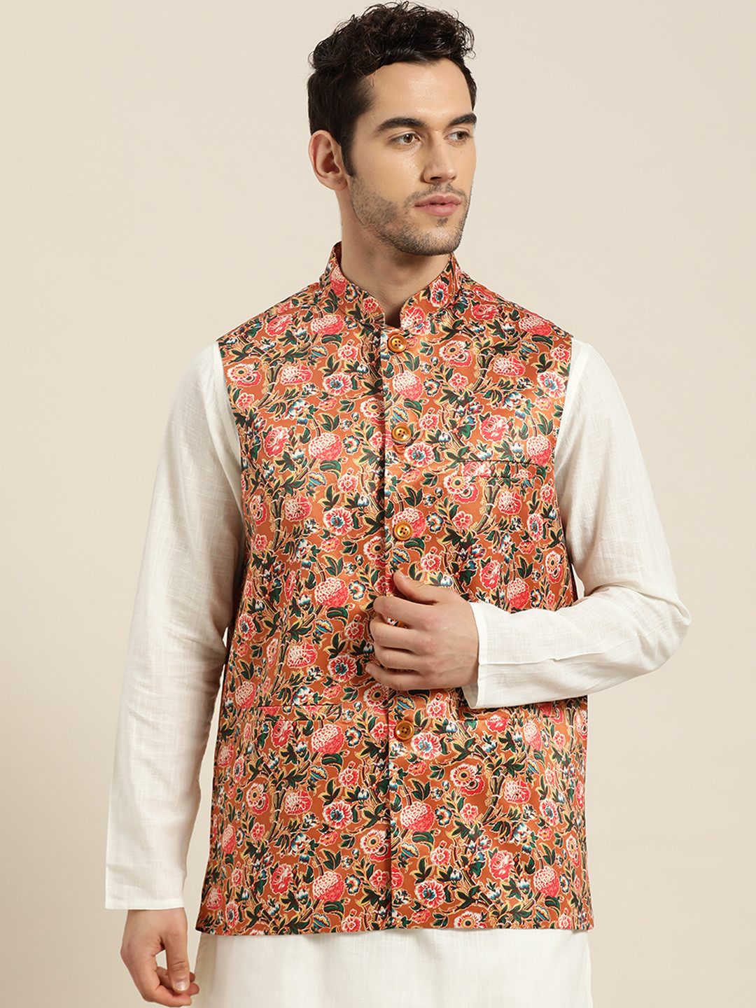 SOJANYA Men Orange & Green Floral Print Nehru Jacket