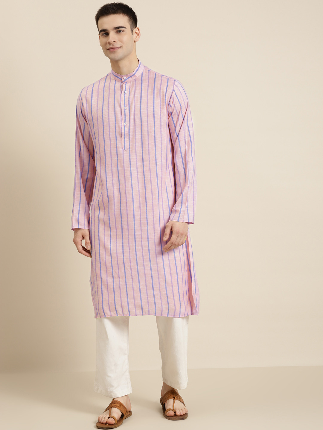 SOJANYA Men Pink & Blue Pure Cotton Striped Kurta