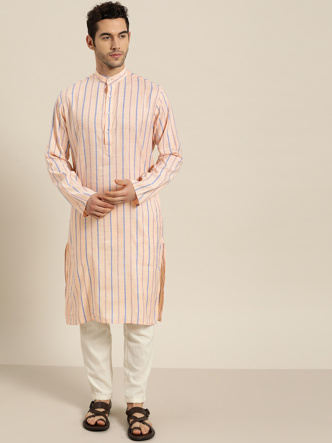 SOJANYA Men Peach-Coloured & Blue Striped Pure Cotton Kurta