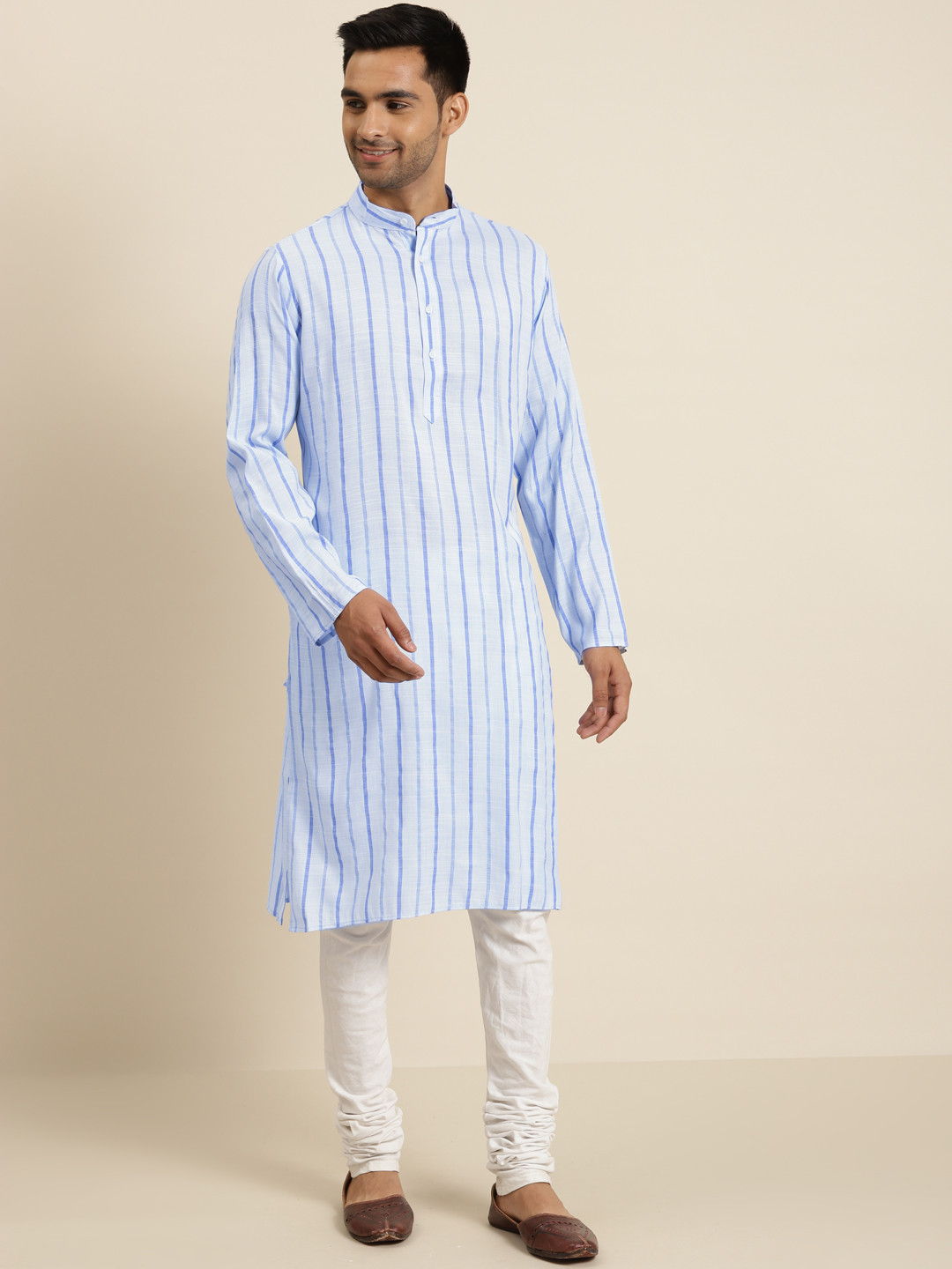 SOJANYA Men Blue Pure Cotton Striped Kurta