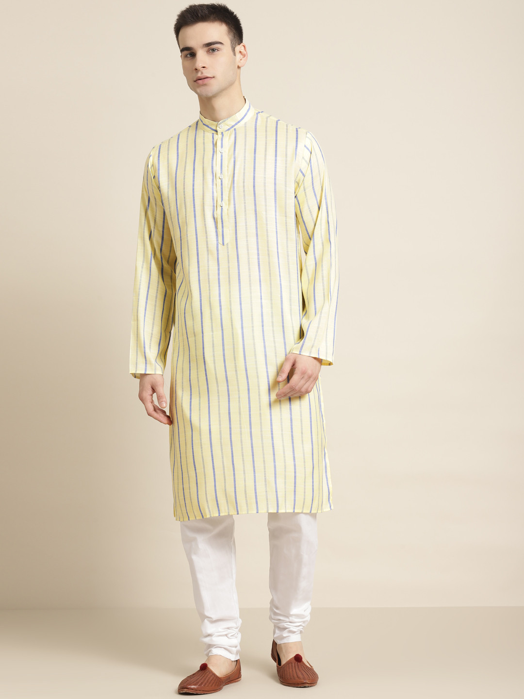 SOJANYA Men Yellow & Purple Cotton Striped Straight Kurta