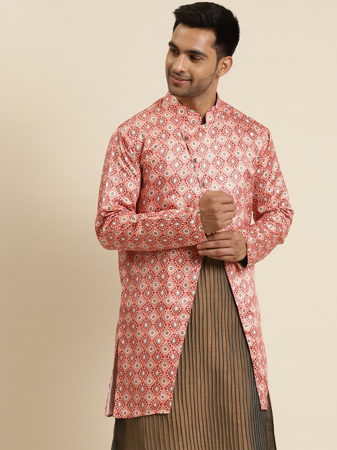 SOJANYA Men Peach-Coloured & Coral Orange Printed Tailored Jacket