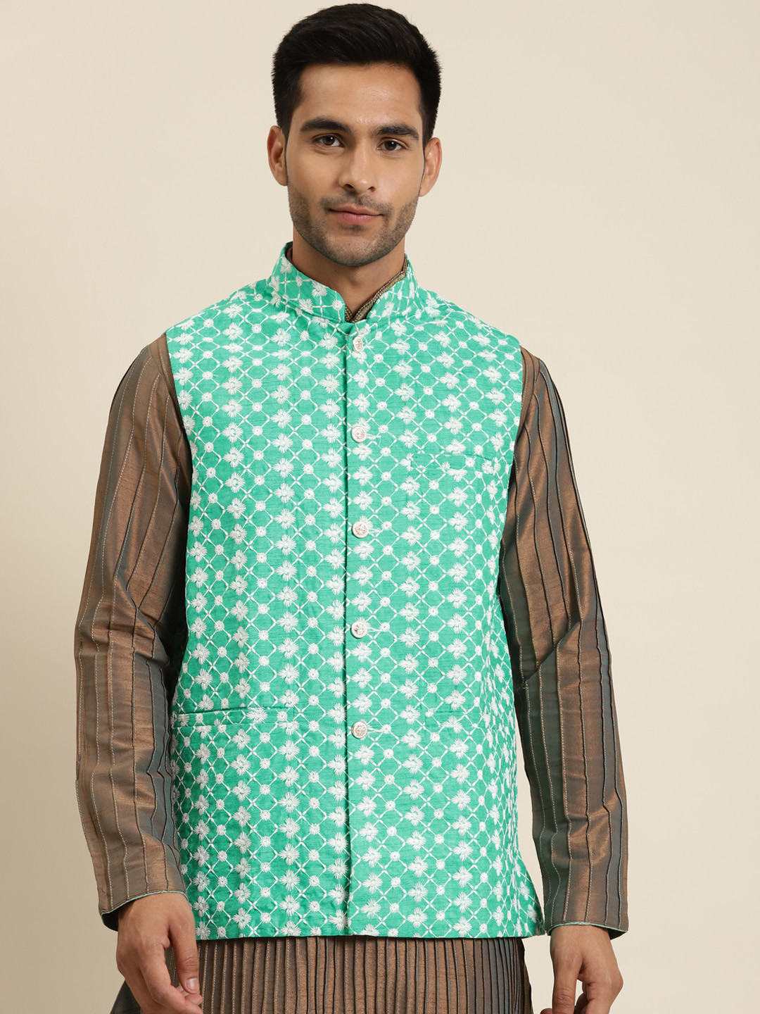 Sojanya Men Green & White Embroidered Nehru Jacket