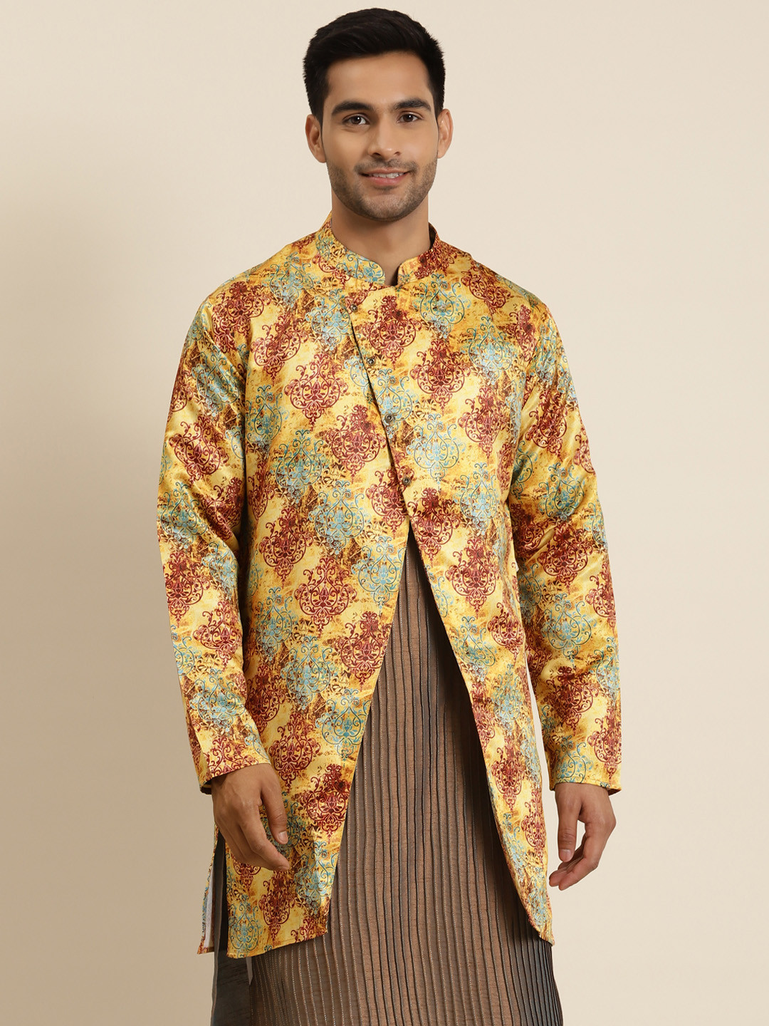 SOJANYA Men Mustard Yellow & Maroon Printed Tailored Jacket