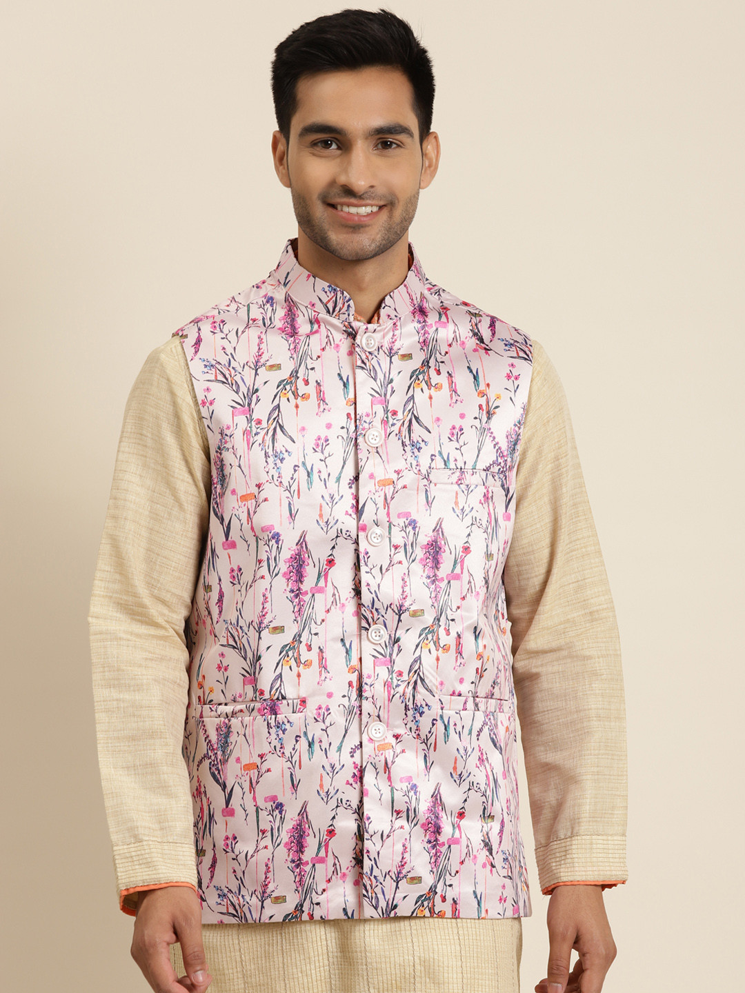 Sojanya Men Pink & Purple Printed Nehru Jacket