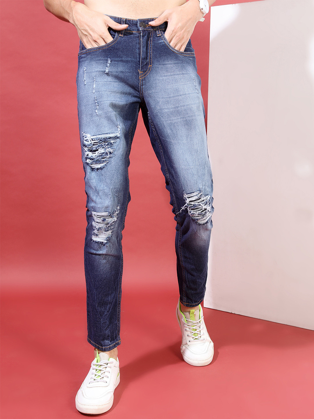 HIGHLANDER Men Blue Slim Fit Mid-Rise Distressed Jeans