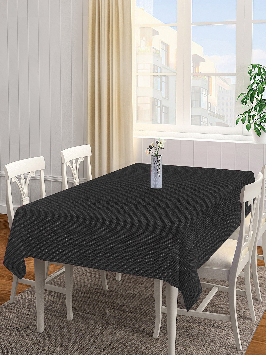 KLOTTHE Black Woven Design 6-Seater Rectangular Table Cover