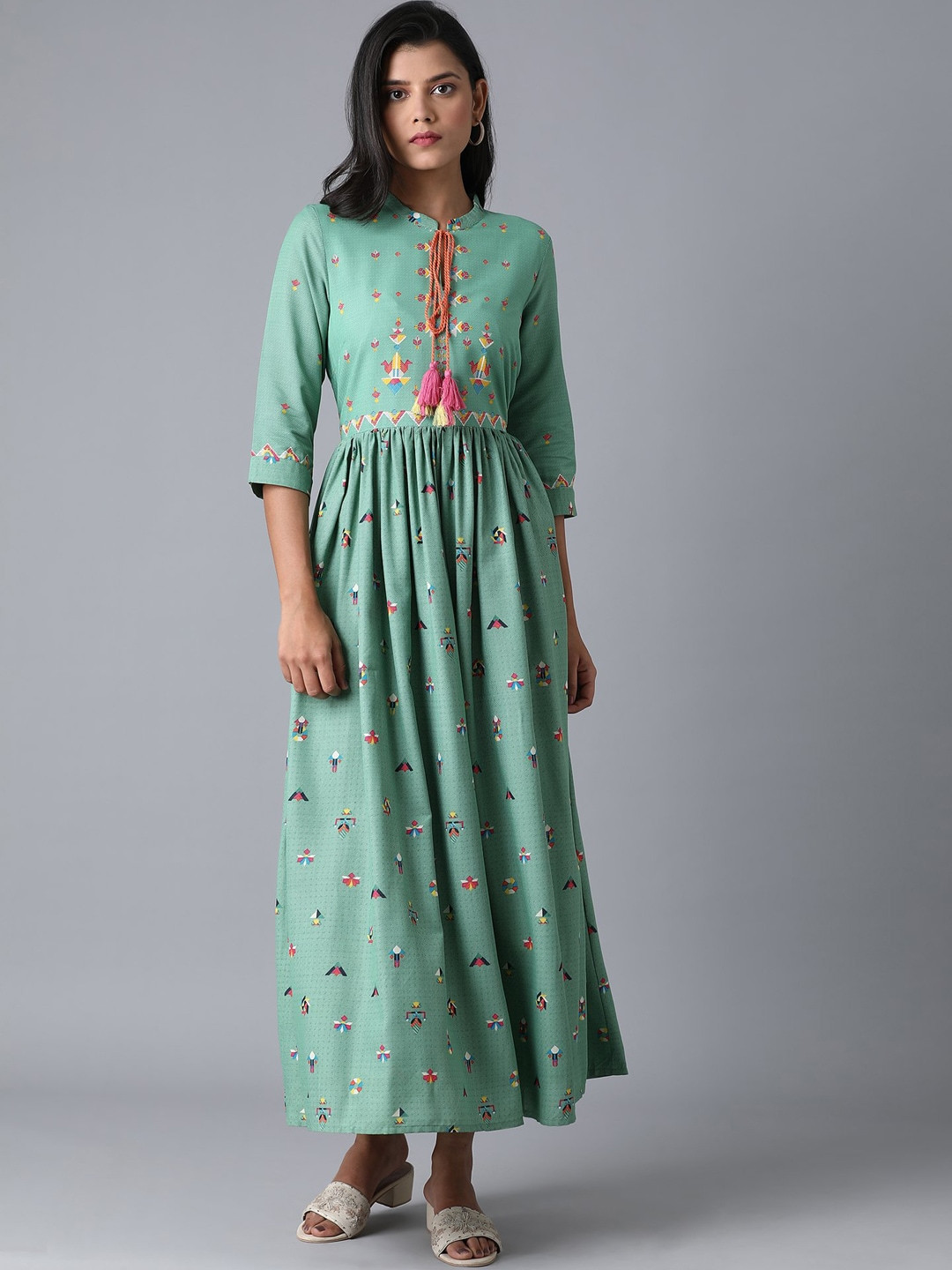 W Women Sea Green Printed Viscose Rayon Maxi Dress