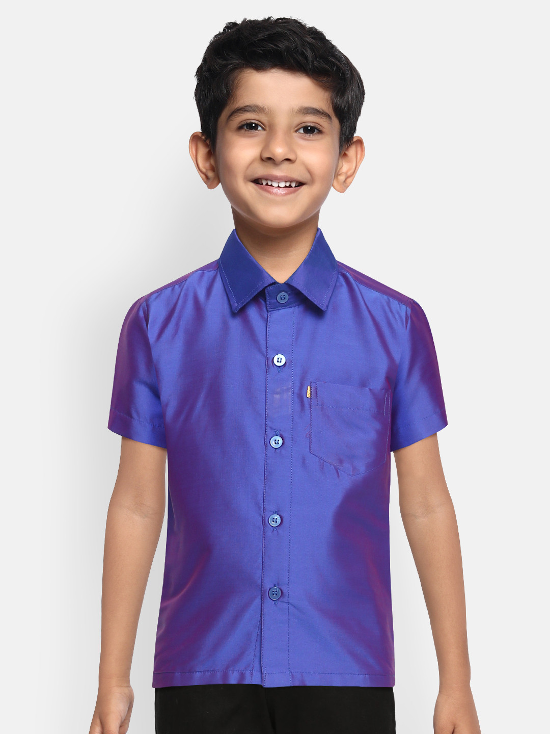 THANGAMAGAN Boys Blue Regular Fit Solid Ethnic Silk Shirt