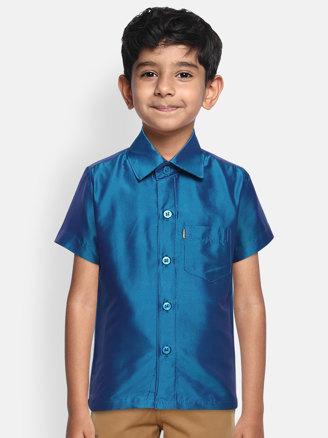 THANGAMAGAN Boys Blue Regular Fit Solid Ethnic Silk Shirt