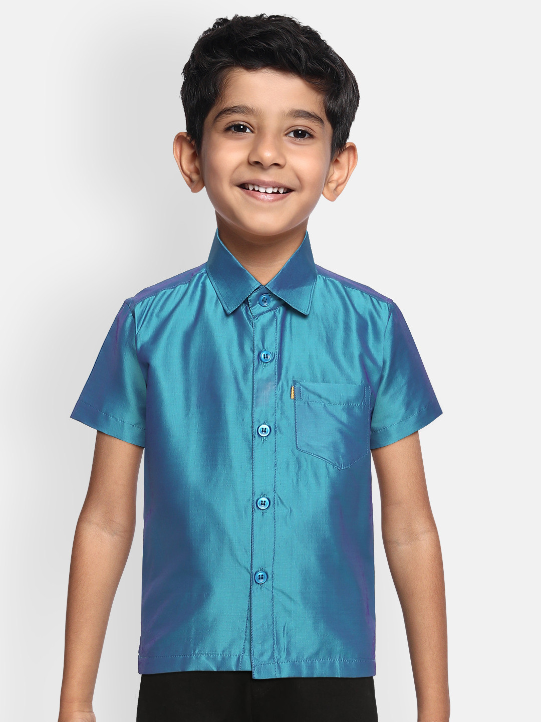 THANGAMAGAN Boys Blue Regular Fit Solid Ethnic Silk Shirt