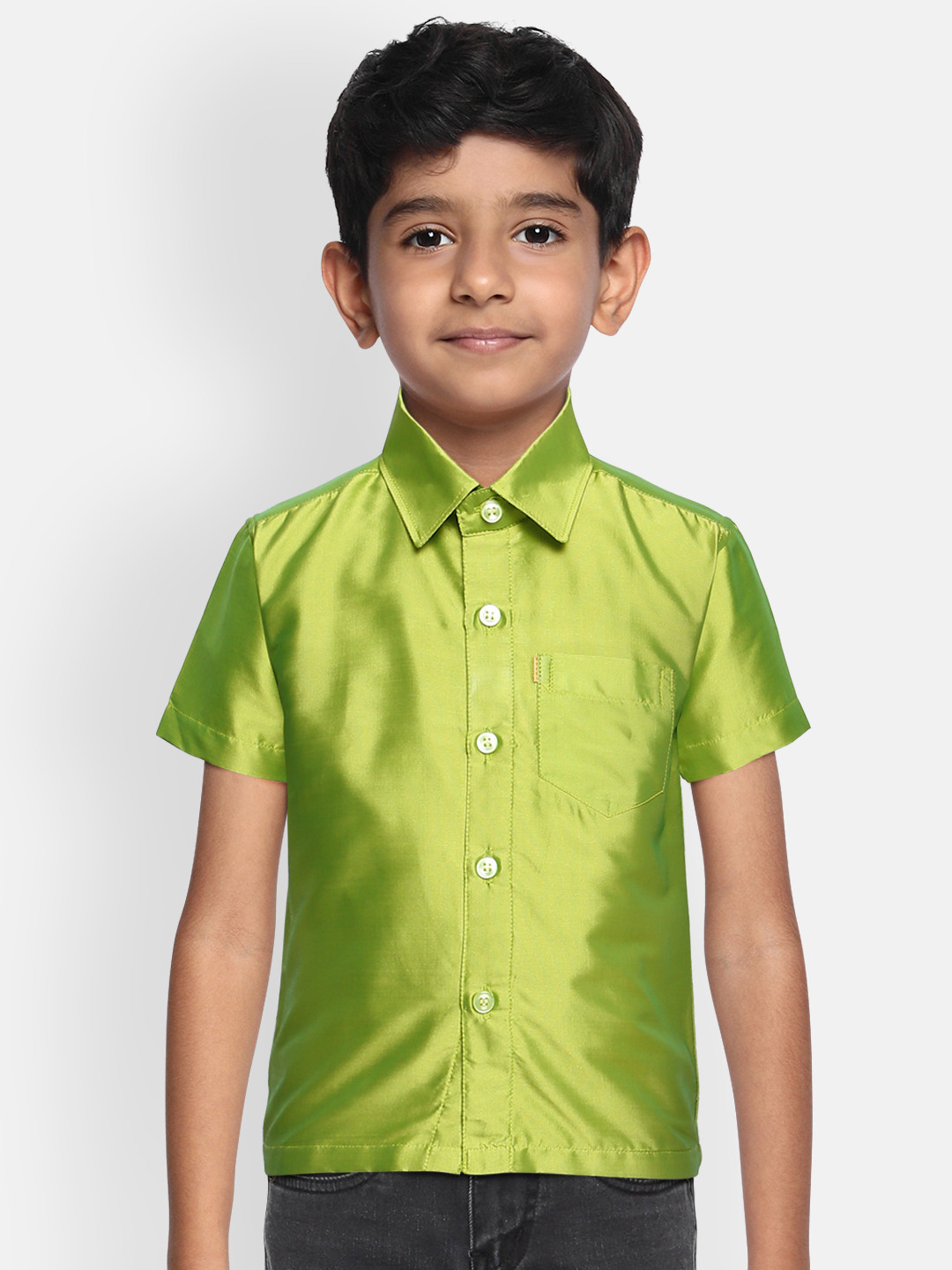 THANGAMAGAN Boys Lime Green Regular Fit Solid Ethnic Silk Shirt