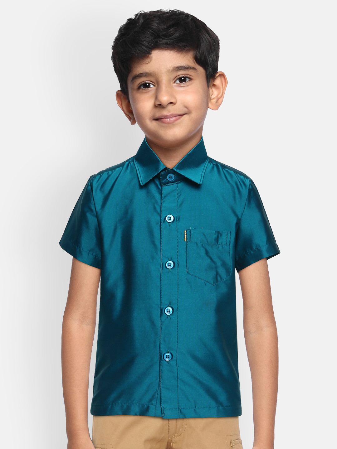 THANGAMAGAN Boys Teal Blue Original Regular Fit Solid Casual Shirt
