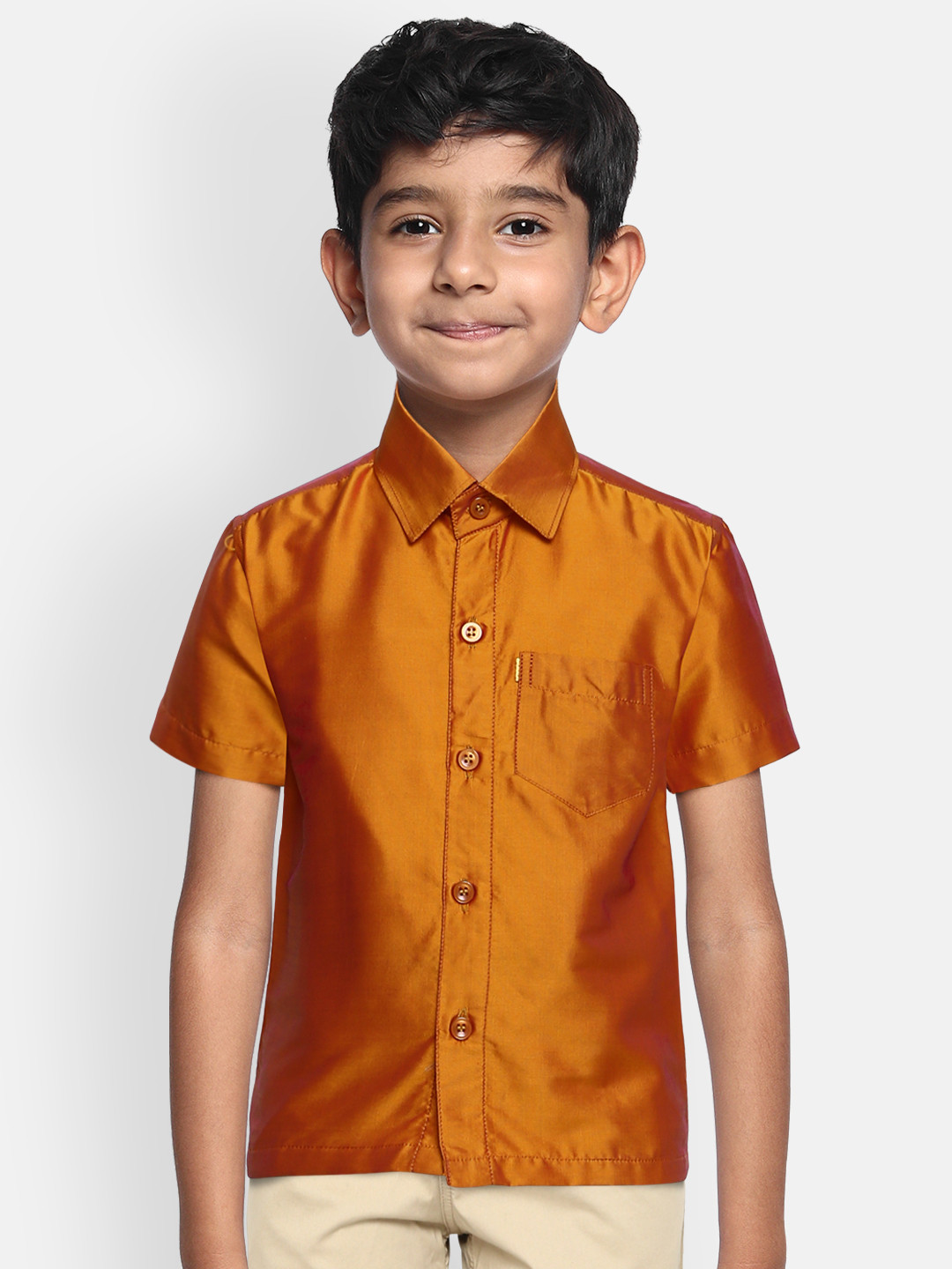 THANGAMAGAN Boys Mustard Yellow Regular Fit Solid Ethnic Silk Shirt