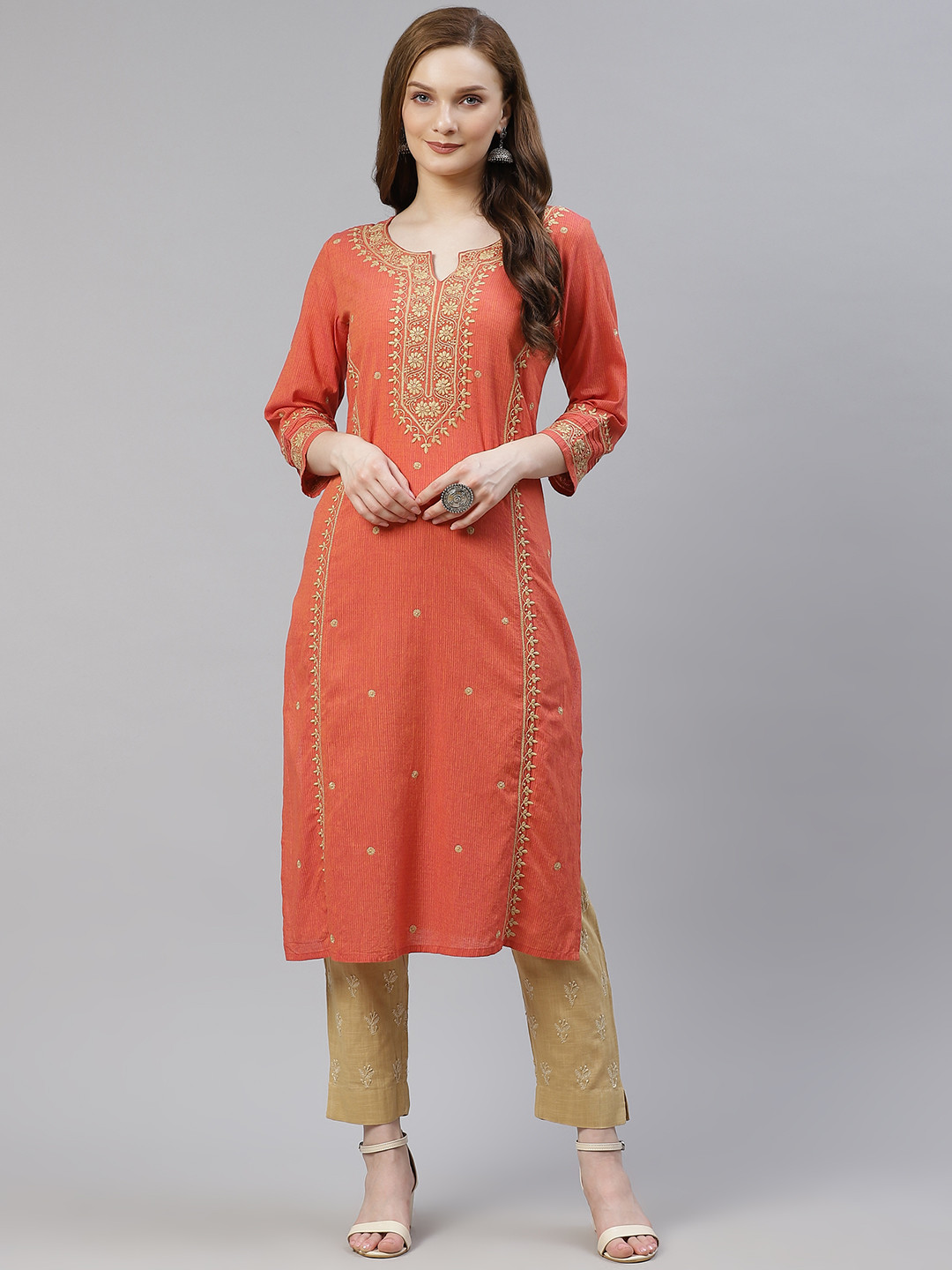 akheri Women Rust Orange & Golden Chikankari Embroidered Handloom Mangalgiri Kurta
