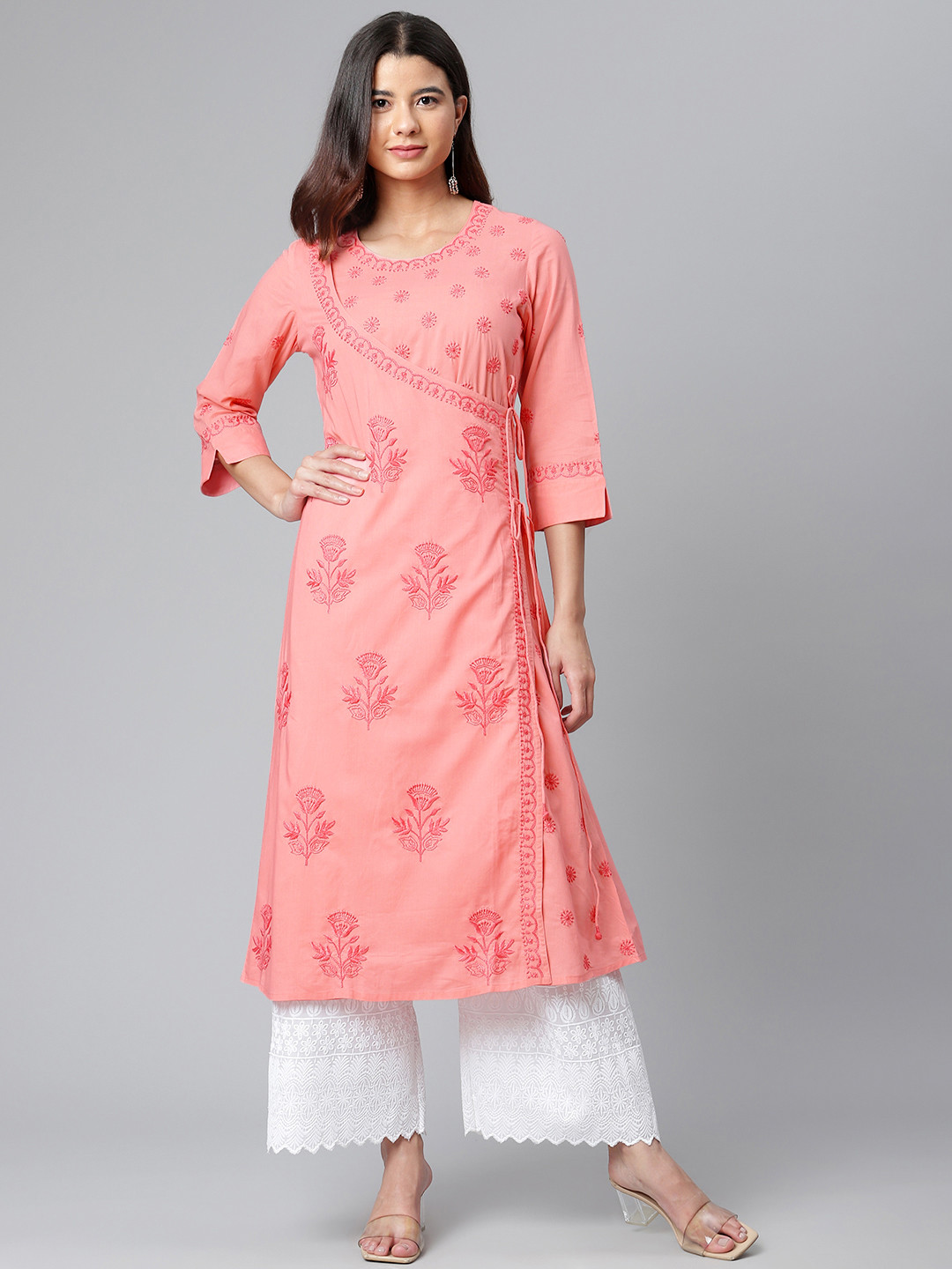 akheri Women Pink Ethnic Motifs Embroidered Chikankari Cotton Angrakha Kurta
