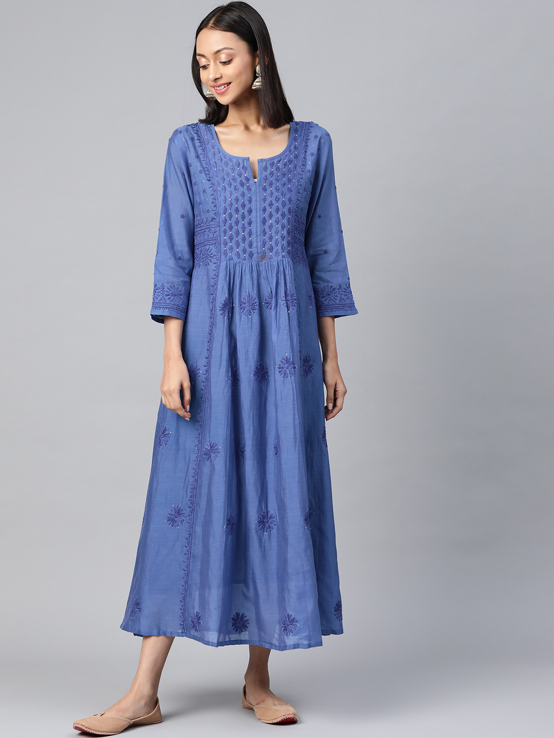 akheri Women Blue Cotton Chikankari Embroidered Mukaish Work A-Line Kurta