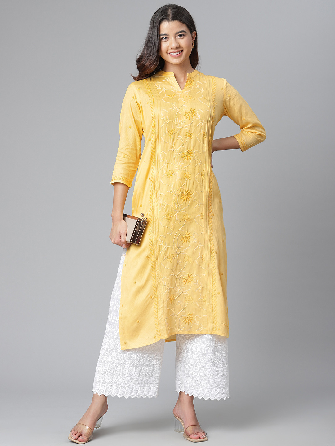akheri Women Yellow & White Pintucks Panelled Cotton Chikankari Embroidered Straight Kurta