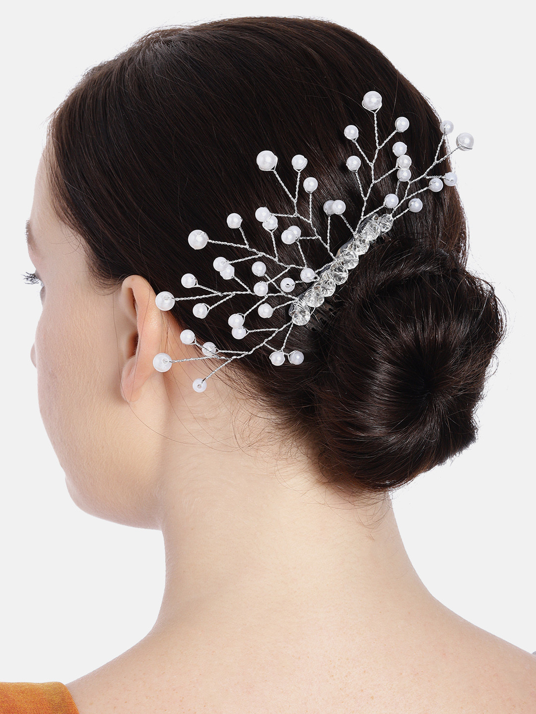 AccessHer White Silver-Plated Beaded Wedding Hair Styling Comb Pin