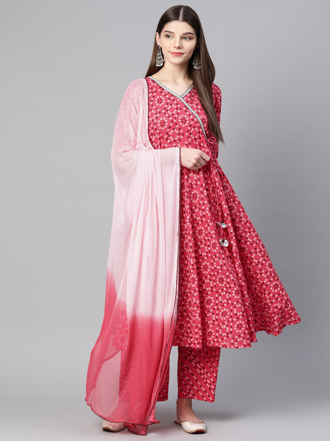 Laado - Pamper Yourself Women Pink & White Bandhani Print Kurta with Palazzos & Dupatta
